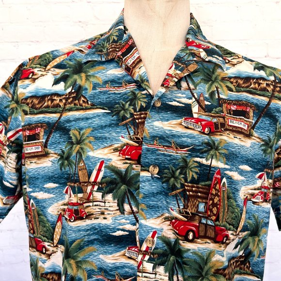 Retro Hawaiian Shirt with Woody Cars & Surfboards - Size XL - Pride of Hawaii - Picture 2 of 8